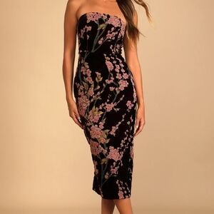 Lulus Strapless Velvet Dress with Pink Floral on Black